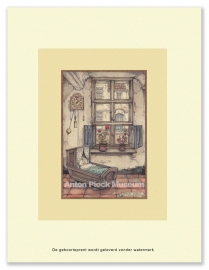 Geboorteprent: Baby in wieg onder klok, Anton Pieck