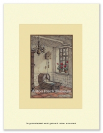 Geboorteprent: Baby in wieg bij raam met geraniums, Anton Pieck