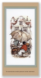 Vignetkaartje: Sinasappelvrouwtje en grote paraplu, Anton Pieck