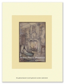 Geboorteprent: Baby in wieg op kleed, Anton Pieck