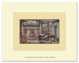 Geboorteprent: Baby in wieg in woonkamer, Anton Pieck