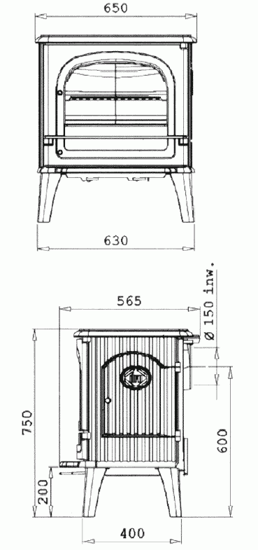 Tekening Dru 64 CB houtkachel