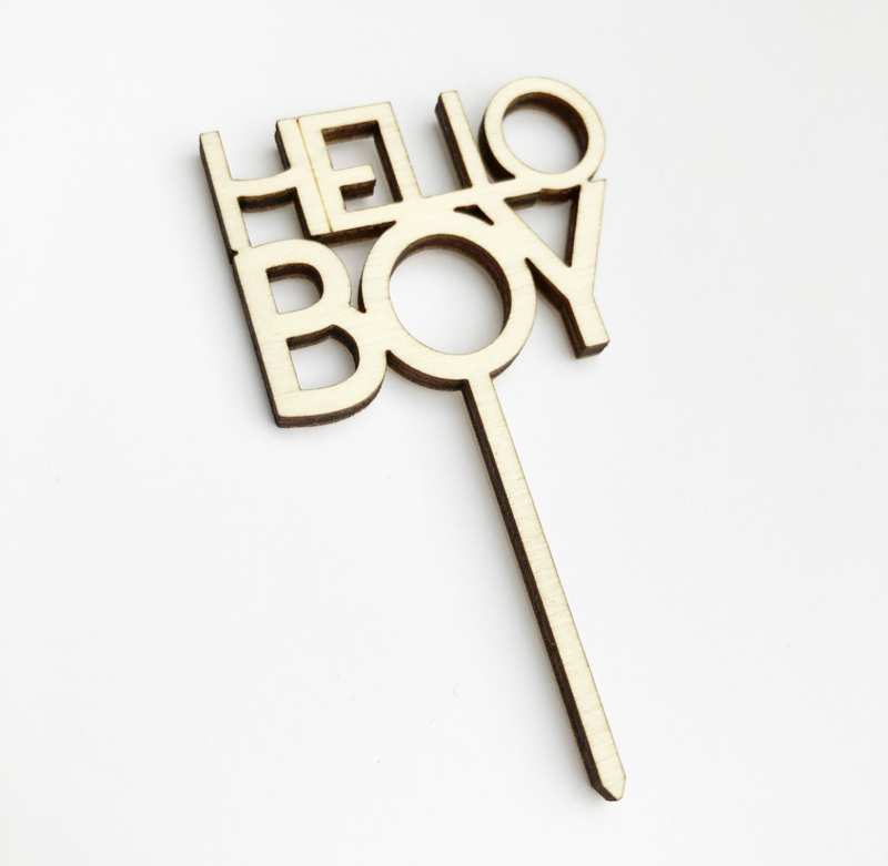 Houten caketopper ‘Hello Boy’