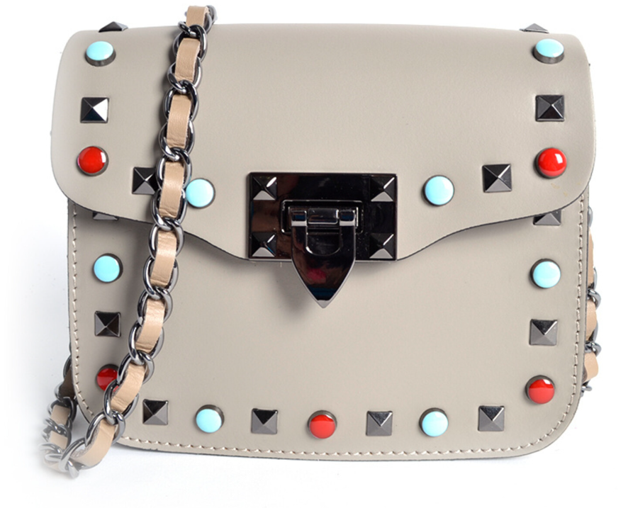 Lederen IBIZA style schoudertasje met gekleurde studs lichttaupe