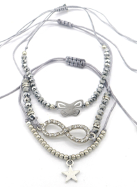 set van 3 armbandjes grijs vlinder infinity