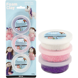 Foam Clay 3x 14 gr. wit, paars, roze, metallic en glitter