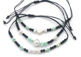set van 3 armbandjes zwart en pareltjes