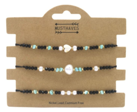 set van 3 armbandjes zwart en pareltjes