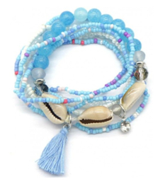 set armbandjes blauw met schelpjes en kwastje