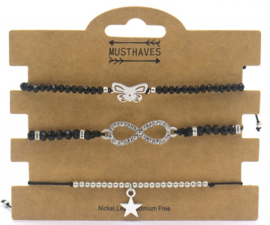 set van 3 armbandjes zwart vlinder infinity