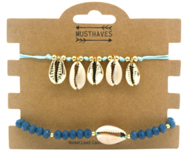 set 2 blauwe schelpen armbandjes