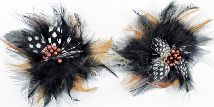 2 x Pompon Hair Feather Clip Brown-White-Black
