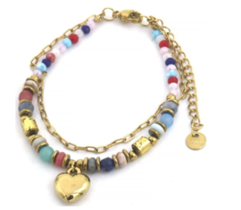 armbandje stenen en glas met RVS hartje (goudkleurig)