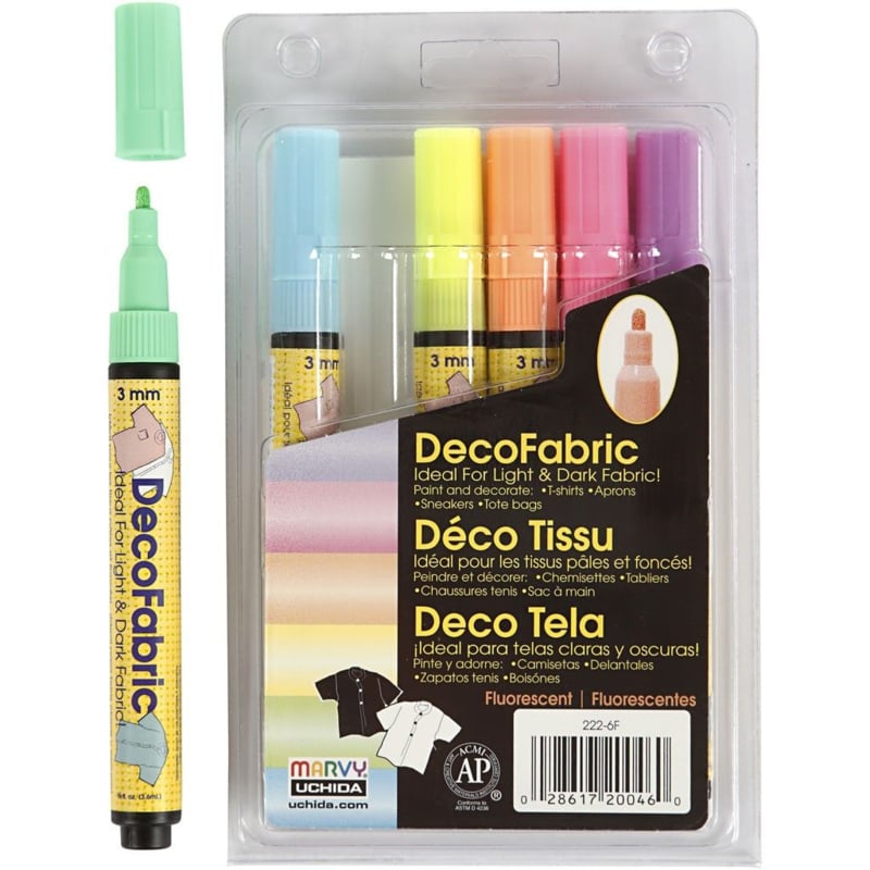 Deco textielstift, lijndikte: 3 mm, neon kleuren, 6stuks