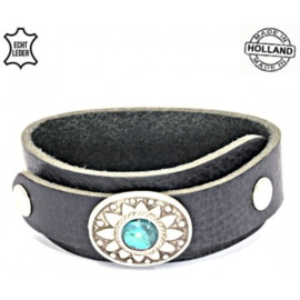 Leren overlap turquoise armband - zwart