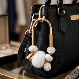 Luxe Tashanger / Bag Charm Goud met Witte Parels & Pompom - 7,5 cm