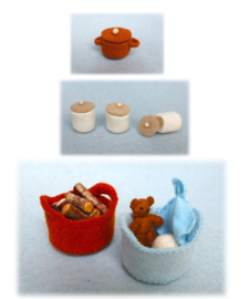 Poppenhuis 6: mandje, beer, voorraadpotten en pan