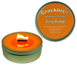 Cracklez® Knetter Houten Lont Geurkaars in blik Zesty Orange. Sinaasappel Geur. Oranje.