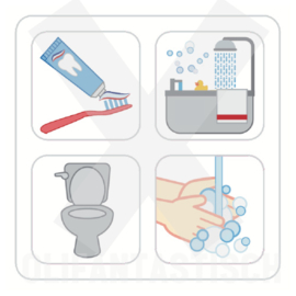Tandenpoetsen, bad/douche, wc, handen wassen