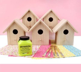 Knutselpakket Kinderfeestje - Vogelhuisjes versieren met Decoupage papier