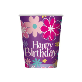 Feest Bekers Happy Birthday Flowers - 8 st - 250 ml