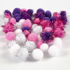 Kleine PomPoms | paars/wit/roze | 15-20 mm | 48 st