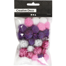 Kleine PomPoms | paars/wit/roze | 15-20 mm | 48 st