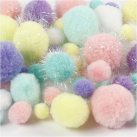 PomPoms in Pastel kleuren met Glitters | 15-40 mm