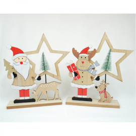 Houten kerstman of eland met boom en ster XL 14x12.5x4cm