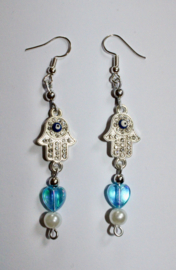 SILVER colored Hand of Fathma / hamza / hamsa strass earrings, BLUE mother of pearl heart decorated - 5 cm