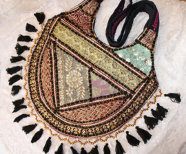 Unieke Boho hippie chic Volle Maan handtas patchwork kwastjes borduursel met rits ZWART GOUD BORDEAUX TURQUOISE schoudertas - 38 cm x 29 cm