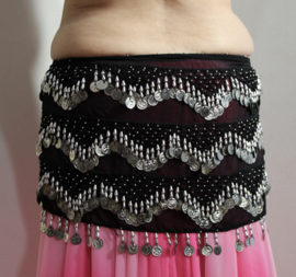 Muntengordel effen zwart chiffon met ZILVEREN kralen, muntjes en haakwerk - G70 - one size fits S, M, Small, Medium