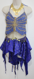 Asymmetrisch, zwierig, BLAUW puntenrokje met ZILVEREN bloemetjes in relief print - one size fits 36/38/40/42, S, M, L, XL