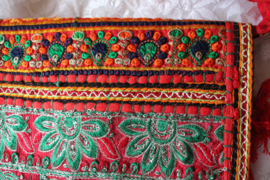 One of a kind  Bohemian hippy chick "purse" RED GOLD GREEN INDIGO,patchwork embroidery, tassels and beads decorated, Crossbody bag - 23 cm wide and 13 cm heigh X 6 cm deep