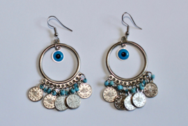 diameter ring 3 cm - SILVER colored coins earrings, BLUE beads and good luck eye decorated, nazar boncugu evil eye  nazar boncuk - Boucles d'oreilles aux sequins ARGENTÉS aux perles BLEUS