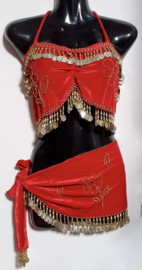 one size fits S, M, L - 2-piece set velvet: top + coinbelt RED , DOLDEN beads and coins decorated