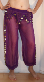 one size fits 36 /38 - Harempants transparent PURPLE with side slits, crocheted decorated, with GOLDEN coins - Saroual VIOLET sequins DORÉS