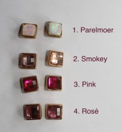 PARELMOER, SMOKEY, PINK, ROSÉ - 1 pair of Square ear pins "Crystal Sparkle", GOLDEN rimmed