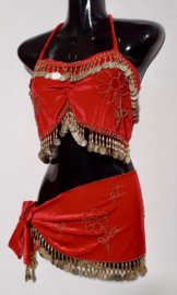 one size fits S, M, L - 2-piece set velvet: top + coinbelt RED , DOLDEN beads and coins decorated