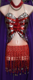 L, XL, LARGE, Extra Large - Crocheted hipbelt RED, SILVER coins decorated -Ceinture franges sequins pour la danse orientale entièrement crochetée BORDEAUX ARGENTÉ