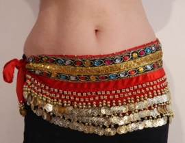 GS2g  - RED Velvet, GOLDEN coins hipbelt with multicolored stones - Ceinture  velours de danse orientale dotée de perles multicolores et sequins dorés.