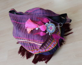 XL - Key ring NEON BRIGHT PINK FUCHSIA and ORANGE with tassels, Cowry shells and feathers