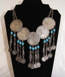 farao12 - Boho hippy chick, Pharaonic necklace SILVER TURQUOISE BLUE with 5 silver discs and coins