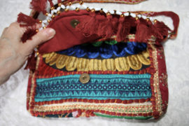 One of a kind  Bohemian gipsy hippy chick purse, multicolor patchwork and embroidery, tassels and beads decorated BURGUNDY1 ORANGE TURQUOISE BLUE - 23cm x 13 cm x 6cm