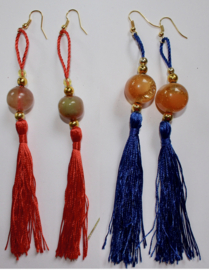 Flexible, Extra Long earrings with colored tassels and 1 big bead :  RED, BLUE