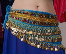 GS5g - TURQUOISE BLUE Velvet, GOLDEN coins hipbelt with multicolored stones - Ceinture de danse orientale dotée de perles multicolores et sequins dorés.