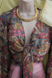 one size fitsS, M, L, XL - Silk wrap and tie top wide trumpet sleeves , shades of PINK,  GREY, TURQUOISE and YELLOW details