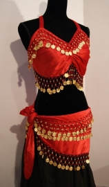 2-piece Bra and belt set with coins - one size fits M, L, XL, XXL - Costume Harem 2-pièce ROUGE OR velours aux sequins