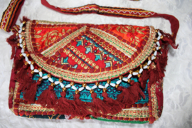 Unieke Boho hippie chic handtas patchwork, kwastjes, rits drukknoop BORDEAUX1 ORANJE TURQUOISE BLAUW - 23cm x 13 cm x 6cm