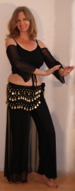 one size - 3-piece DISCOUNTED rehearsal costume : BLACK stretch pants with overlayer + crop top + hipbelt